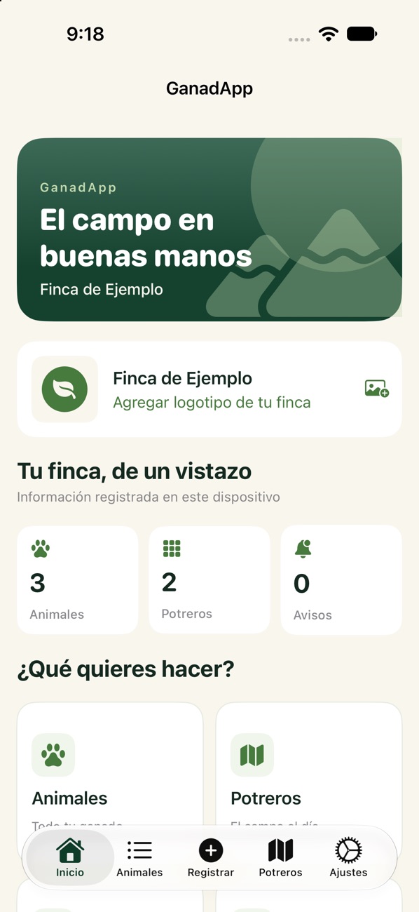 Pantalla de inicio de GanadApp con resumen de animales y potreros